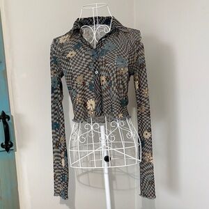 Bershka Brown and Blue Floral Checker Button-Down Top